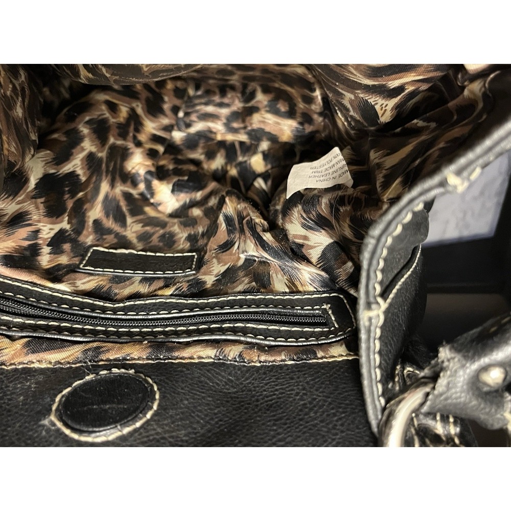 SOPHIA CAPERELLI LARGE BLACK LEATHER SHOULDER BAG PURSE W/LEOPARD PRINT LINING - Picture 6 of 9